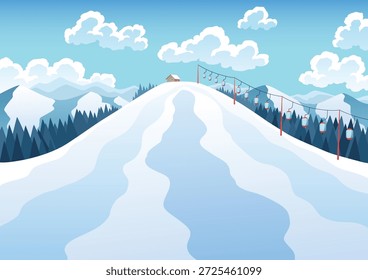 Paisaje de estación de esquí de montaña. Diseño de Anuncio de Web de invierno. Deporte en vacaciones o actividad invernal. Vector ilustración de dibujos animados