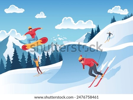 Mountain ski resort landscape. Winter web banner design. Sport on vacations or winter activity. Sports descent on skis in mountains hills. Vector cartoon illustration