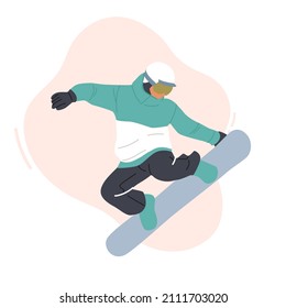 Mountain Ski Resort Snowboarding Recreation, Winter Extreme Sports Activity and Sport. Young Sportsman Dressed in Winter Clothes and Goggles Making Stunts and Jumps. Cartoon Vector Illustration