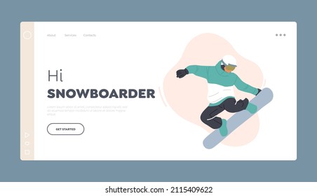 Mountain Ski Resort Snowboarding Recreation Landing Page Template. Winter Extreme Sports Activity and Sport. Sportsman Dressed in Winter Clothes Making Stunts and Jumps. Cartoon Vector Illustration