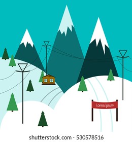 Mountain ski resort Vector illustration Ski trail among mountain peaks Flat design