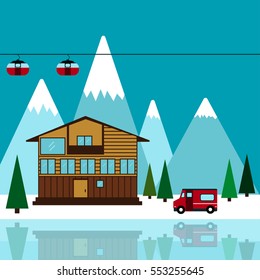 Mountain ski resort Vector illustration Landscape ski resort Chalet on the lake, among the mountains and pine trees Flat design