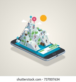 mountain with ski slopes on a smartphone illustration,vector infographic
