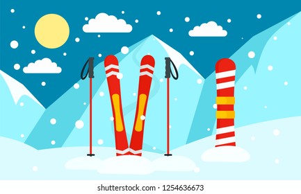 Mountain ski snowboard banner. Flat illustration of mountain ski snowboard vector banner for web design