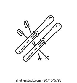 Esquí de montaña, equipo de palos aislado de línea delgada icono. Herramientas de esquí extremo vectorial, objeto de trekking de los Alpes para patinar por las pistas en invierno, equipo de esquí. Deportes de invierno en Suiza