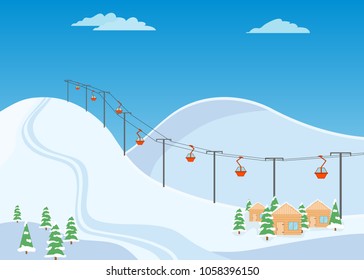 Mountain ski trail, ski resort with snow and wooden houses. vector design, vector illustration.