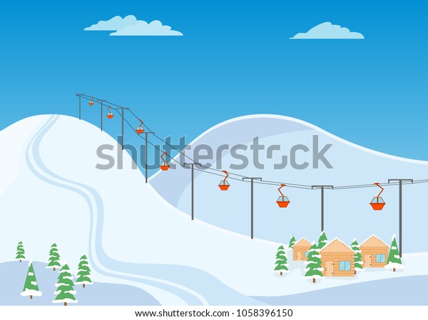 Mountain ski trail, ski resort with\
snow and wooden houses. vector design, vector\
illustration.