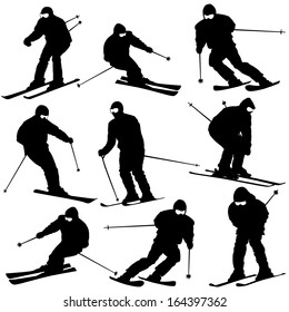 Mountain skier  man speeding down slope. Vector sport silhouette.