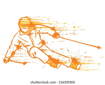 Mountain skier on a high speed rides. Hand drawn graffiti style.