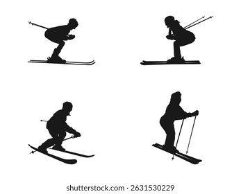 mountain skier silhouettes vector. Woman doing ice skating, skiing, snowboarding, girl on sledge, Hockey, curling, skier, simple skater. Set of ski silhouettes, isolated on white background.	