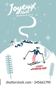 Mountain skier slides from the mountain/ Winter wonderland/ Ski vacation/ Merry Christmas