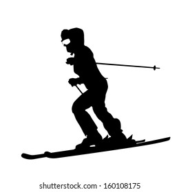 Mountain skier  speeding down slope. Vector sport silhouette.