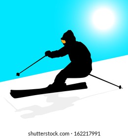Mountain skier  speeding down slope. Vector sport silhouette.