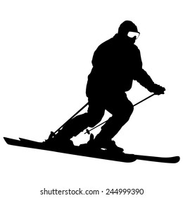 Mountain skier  speeding down slope. Vector sport silhouette.