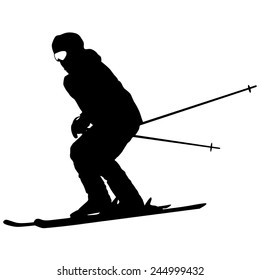 Mountain skier  speeding down slope. Vector sport silhouette.