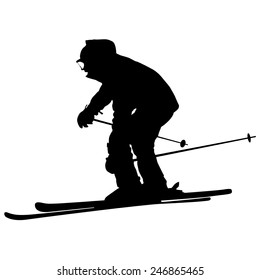 Mountain skier  speeding down slope. Vector sport silhouette.