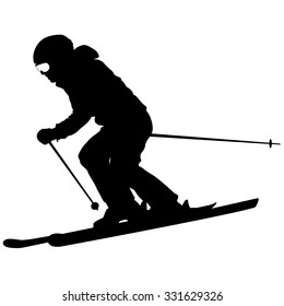 Mountain skier  speeding down slope. Vector sport silhouette.