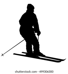 Mountain skier speeding down slope. Vector sport silhouette.