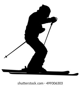 Mountain skier speeding down slope. Vector sport silhouette.