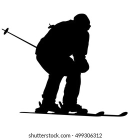 Mountain skier speeding down slope. Vector sport silhouette.