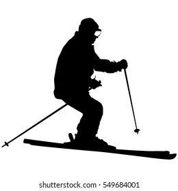 Mountain skier speeding down slope. Vector sport silhouette
