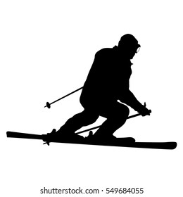 Mountain skier speeding down slope. Vector sport silhouette