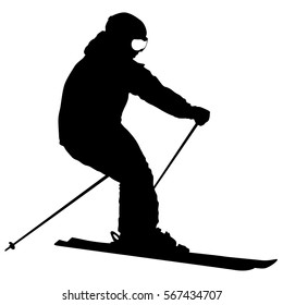 Mountain skier speeding down slope. Vector sport silhouette