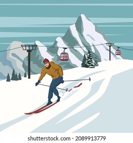 Mountain skier vintage winter resort village Alps, Switzerland. Snow landscape peaks, slopes with gondola lift, with wooden old fashioned skis and poles. Travel retro poster