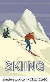 Mountain skier vintage winter resort village Alps, Switzerland. Snow landscape peaks, slopes, with wooden old fashioned skis and poles. Travel retro poster