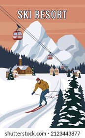 Mountain Skier Vintage Winter Resort Village Alps, Switzerland. Snow Landscape Peaks, Slopes With Red Gondola Lift, With Wooden Old Fashioned Skis And Poles. Travel Retro Poster