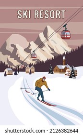 Mountain skier vintage winter resort village Alps, Switzerland. Snow landscape peaks, slopes with red gondola lift, with wooden old fashioned skis and poles. Travel retro poster