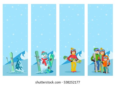 Mountain skier winter sport flyer design template. Snowboarding and skiing on flyers. Vector illustration.