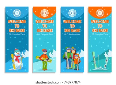 Mountain skier winter sport flyer design template. Snowboarding and skiing on flyers. Vector illustration.