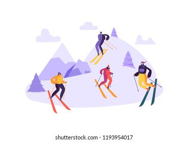 Mountain Skiing Characters in Goggles and Ski Suit. Winter Sports on Snow Landscape. Flat People Skiers Outdoor Activities. Vector illustration