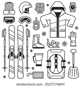 Mountain skiing clothes and accessories collection including jacket, avalanche rescue kit, snow boot, poles and other winter sport and activity essentials. Skiing equipment line art elements set.