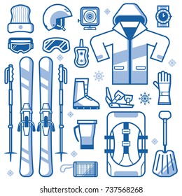 Mountain skiing gear and accessories collection. Ski icons set with jacket, avalanche rescue kit, snow boot, poles and other winter sport and activity essentials. Skiing equipment vector elements set.