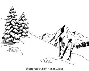 Mountain skiing graphic art black white landscape sketch illustration vector