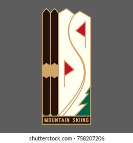 Icono de esquí de montaña. Pareja de cielos sobre el fondo nevado de la colina. Sencillo estilo plano. Logo deportivo del invierno al aire libre. Trato de viento para esquiador cuesta abajo desde arriba. Banner publicitario de estilo de vida activo, adhesivo