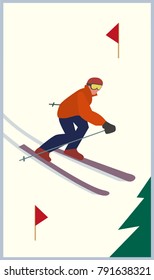 Mountain skiing icon. Skier slope on snowy hill. Pair of skies sign. Simple flat cartoon. Winter outdoors sport. Trace for downhill from top. Advertisement active lifestyle banner, flyer template
