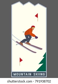 Mountain skiing icon. Skier slope on snowy hill. Pair of skis sign. Simple flat cartoon. Winter outdoors sport. Trace for downhill from top. Advertisement active lifestyle banner, flyer template