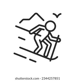 Mountain Ski Symbol. Vector Outline Editable Silhouette Schild von Skier Skiing Downhill auf Schneepiste Lineare minimale Illustration.