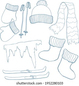 Mountain skiing icons in line art. Snow ride essentials collection.