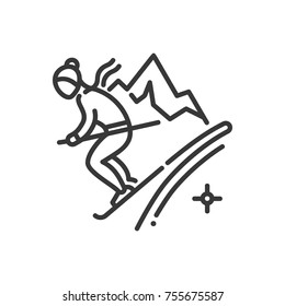 Mountain skiing - line design single isolated icon on white background. Image of a man going down the hill, schussing. Winter sports concept