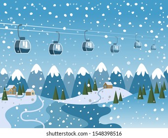Mountain Skiing Resort. Winter Landscape. Ropeway, Cable car, Funicular. Snowfall in the mountains. Vector illustration.