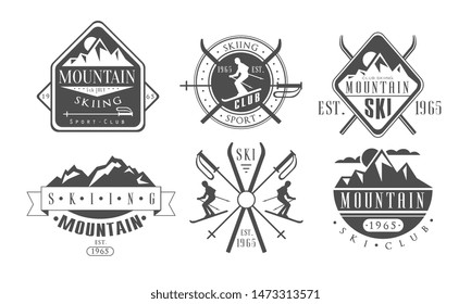 Montaje de plantillas de logotipos retro para esquí, Esquiar e Ilustración vintage de etiquetas monocromas para clubes deportivos