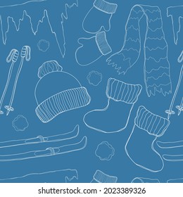 Mountain skiing seamless pattern in line art. Snow ride essentials collection.