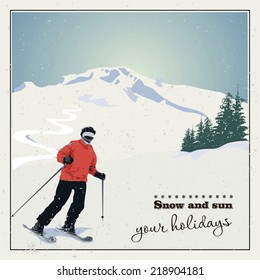 Mountain skiing. Skier slides from the mountain.