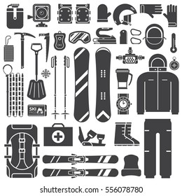 Mountain skiing and snowboarding equipment outline icons. Ski gear snowboard accessories. Jumpsuit, skis, rescue kit and other winter sports and activity elements. Snow ride essentials collection.