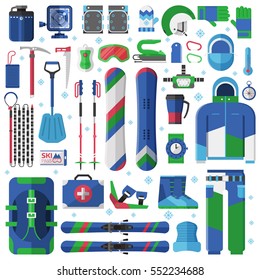 Mountain skiing and snowboarding equipment. Ski gear and snowboard accessories. Jumpsuit, skis, avalanche rescue kit and other winter sports and activity elements. Snow free ride essential collection.