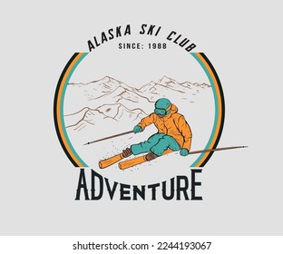 mountain skiing vector illustration, ski adventure design with typography, winter sports design for print 